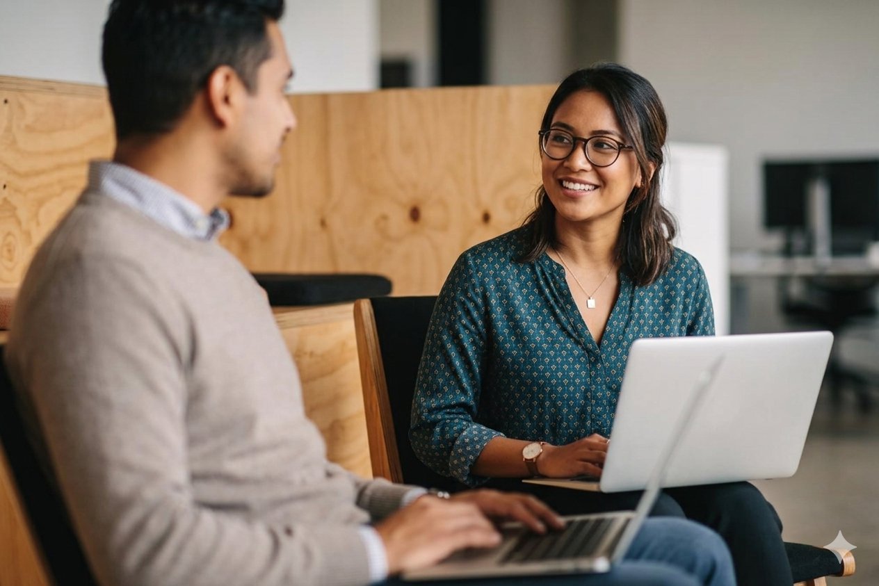 Two colleagues at laptops